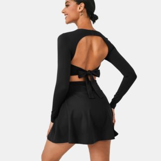 ROUND NECK LONG SLEEVE TIE BACK CUT OUT 2-IN-1 BACKLESS DRESS​